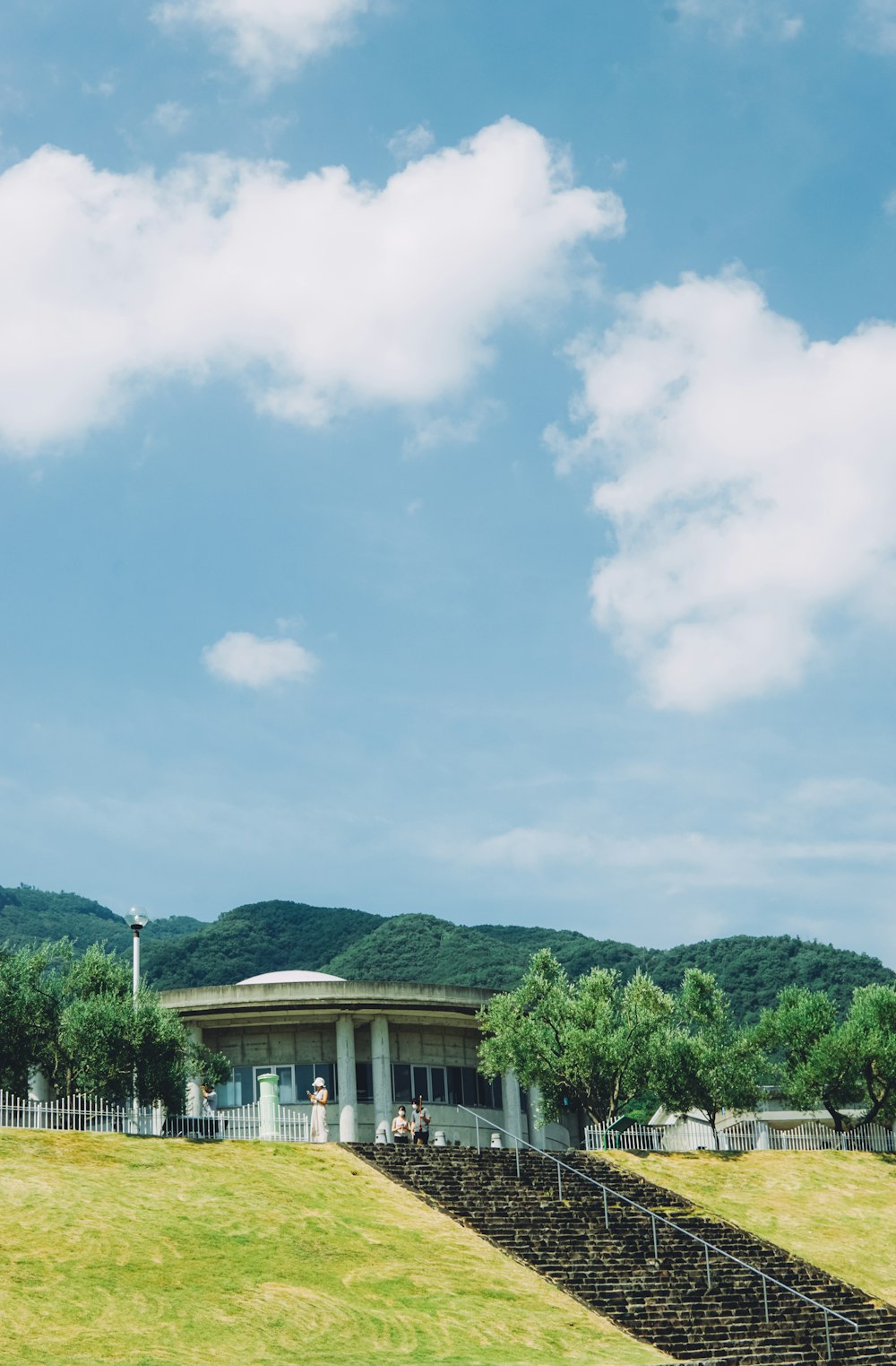 green trees near brown wooden house under white clouds during daytime