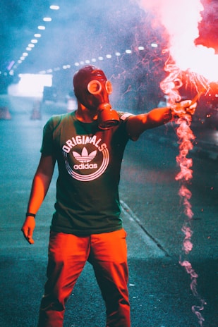 Photo of a satisfied customer wearing the fire mask during a safety drill.