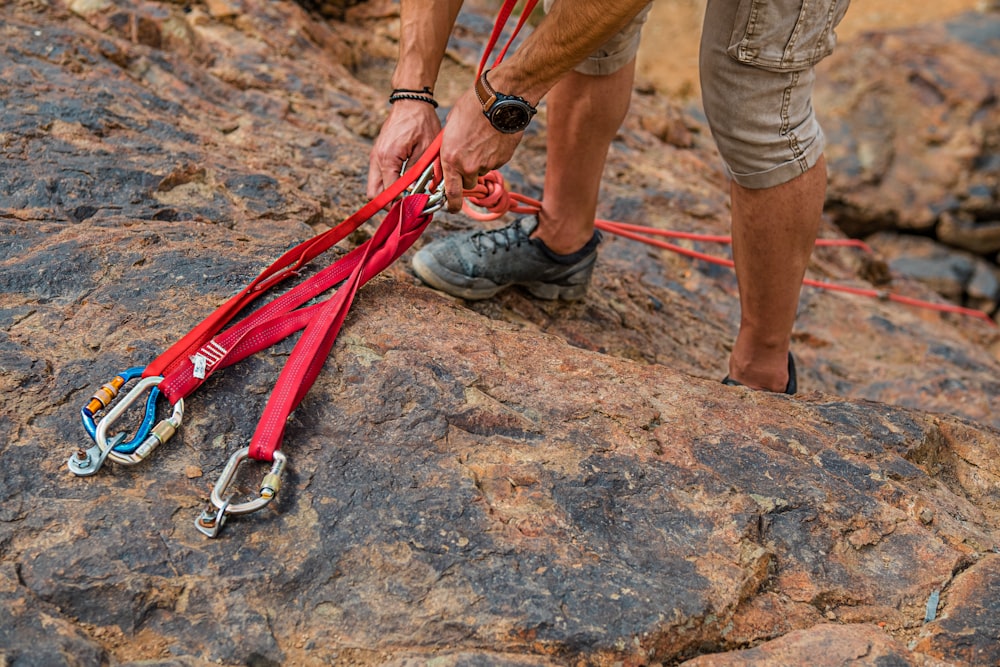 person in brown shorts with red leash