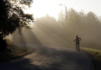 a person riding a bike down a road