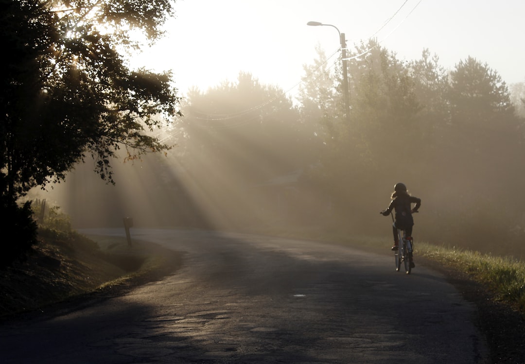 a person riding a bike down a road,