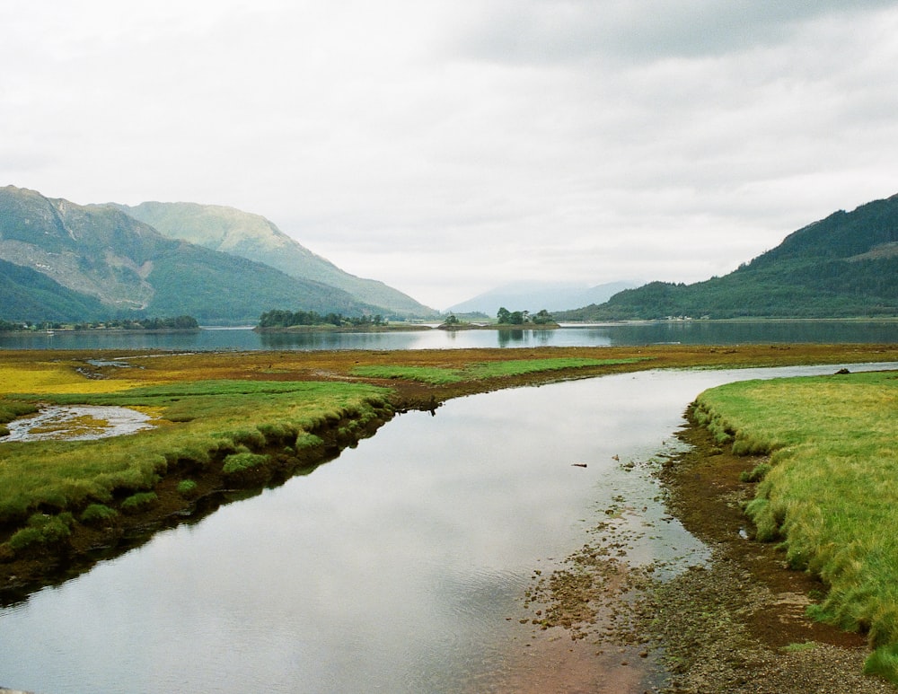 green grass field near lake and mountain during daytime