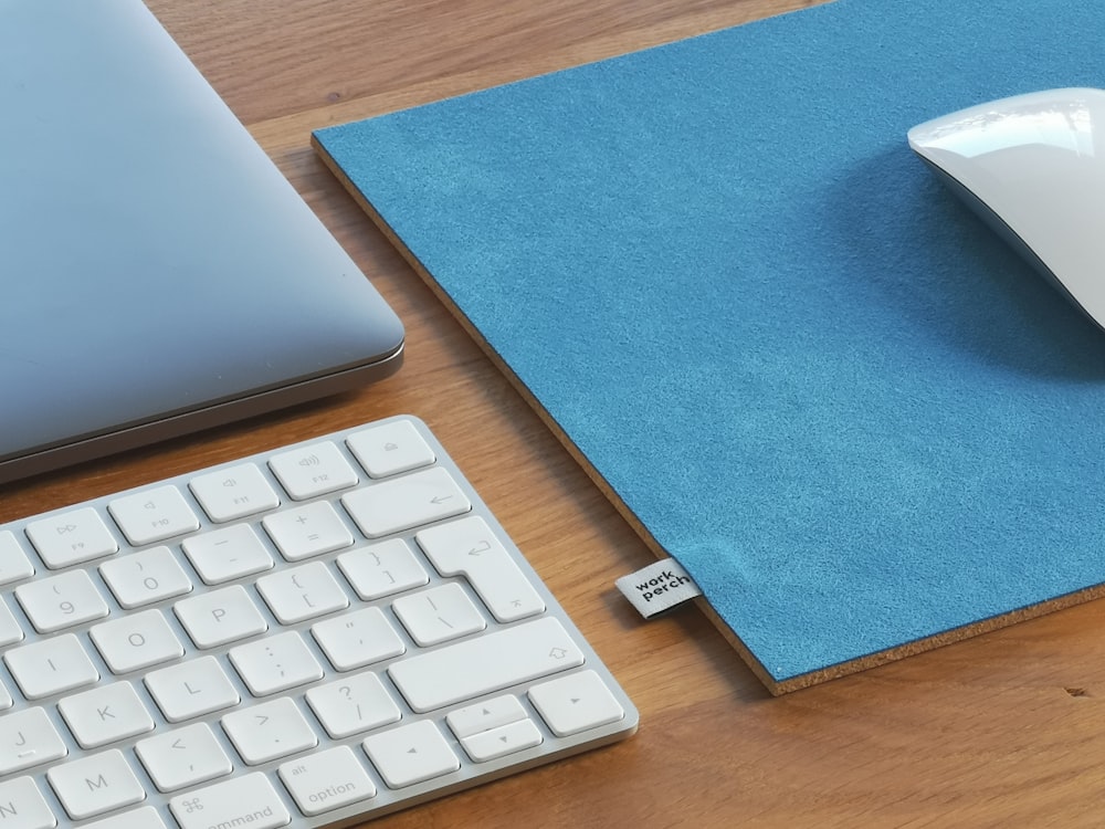 blue textile on brown wooden table