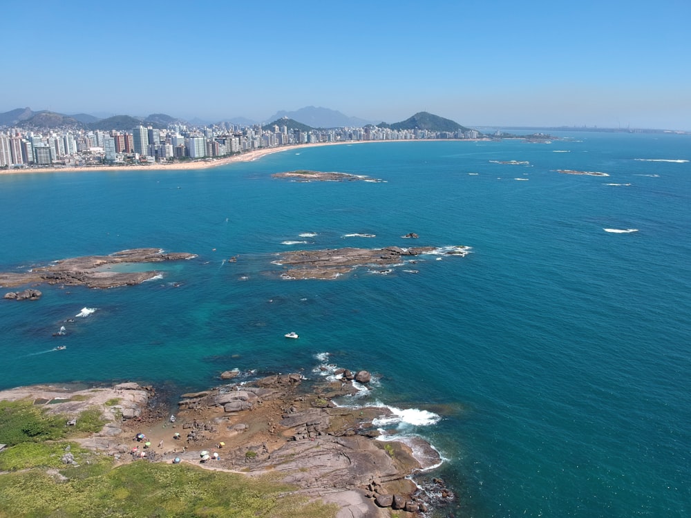 aerial view of city buildings near body of water during daytime