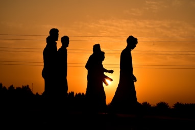 silhouette of 2 women standing on field during sunset