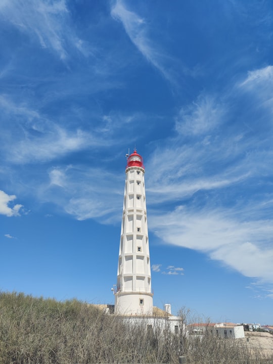 white and red lighthouse under blue sky during daytime in Ria Formosa Natural Park Portugal