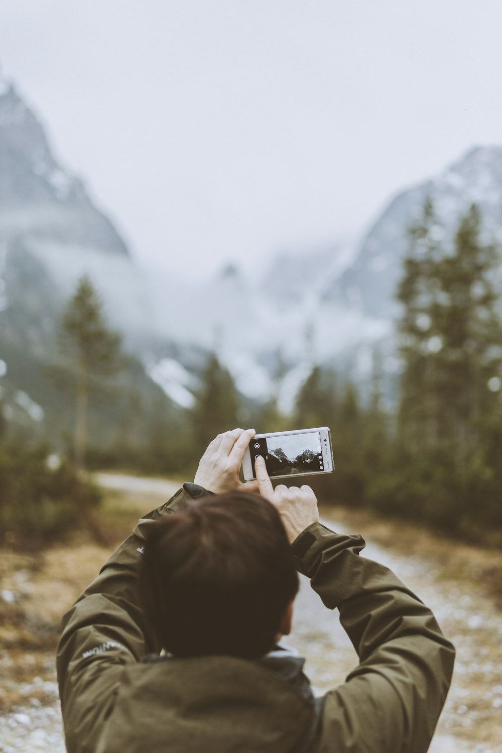 person in brown jacket taking photo of green trees during daytime