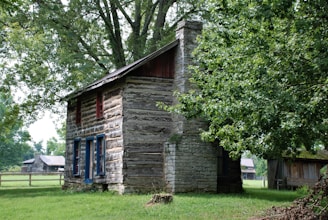 Cozy wooden cabin with a stone chimney, surrounded by lush greenery, showcasing the peaceful lifestyle in the area.