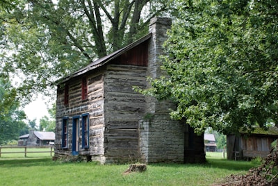 Cozy wooden cabin with a stone chimney, surrounded by lush greenery, showcasing the peaceful lifestyle in the area.