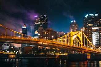 lighted bridge over water during night time