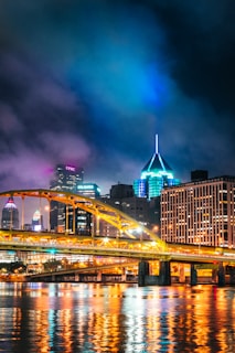 city skyline during night time