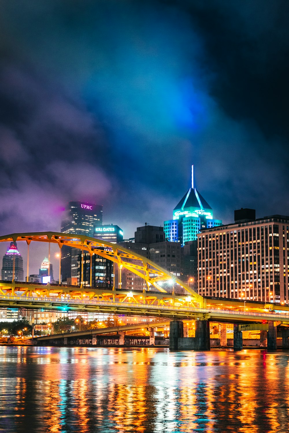 city skyline during night time