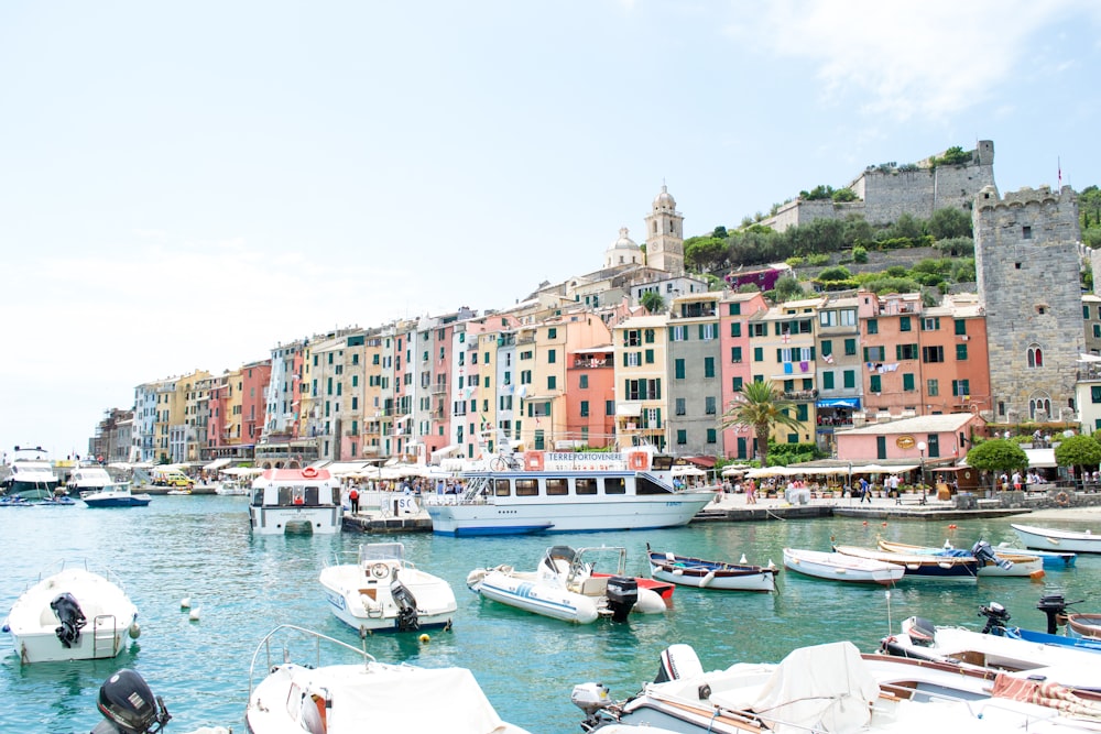 white and blue boat on body of water near buildings during daytime