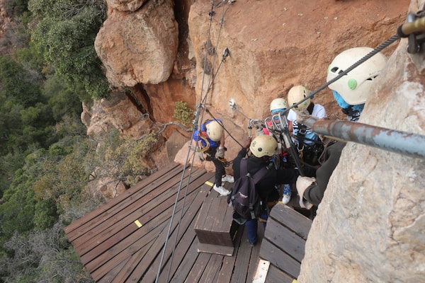 A group of people are geared up for rock climbing or rappelling, standing on a wooden platform attached to a rugged rocky cliff. They are wearing helmets and harnesses, holding onto ropes secured to the rock face. Surrounding them is a dense forest providing a lush green backdrop to the scene.