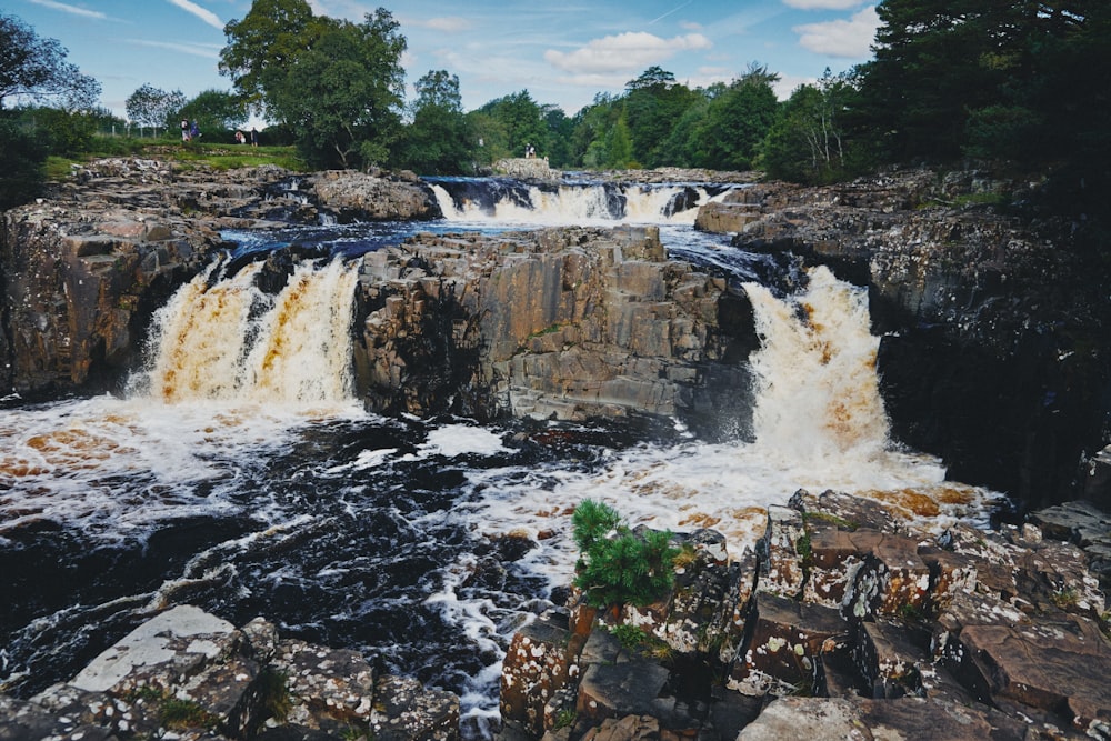 waterfalls near green trees under blue sky during daytime