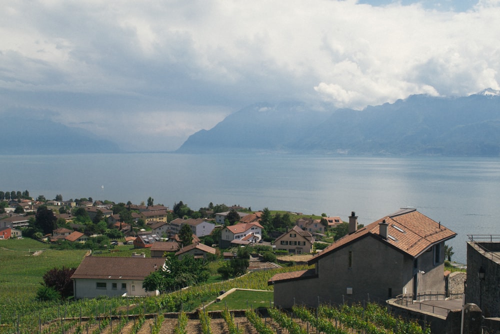 Maisons près d’un plan d’eau sous des nuages blancs pendant la journée