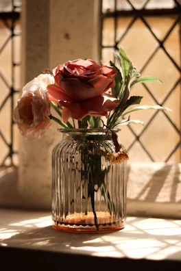 Sunlight filtering through a window onto a wooden table holding a delicate rose spray bottle beside blooming roses.