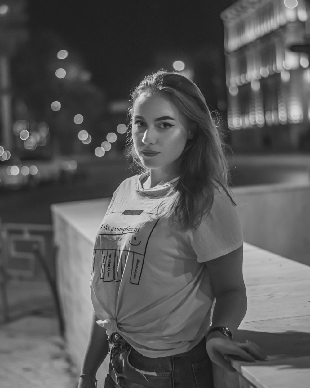 grayscale photo of girl in t-shirt