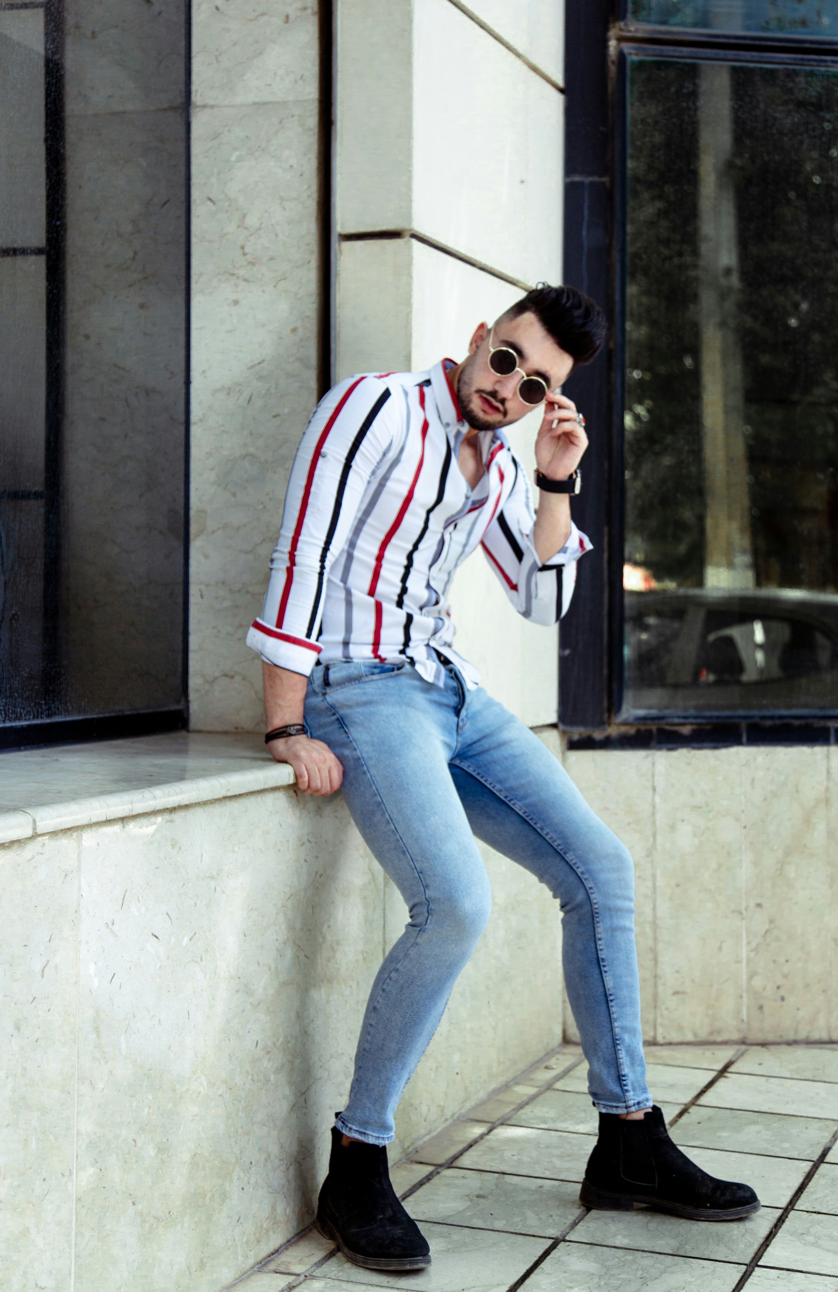 blue denim and white shirt