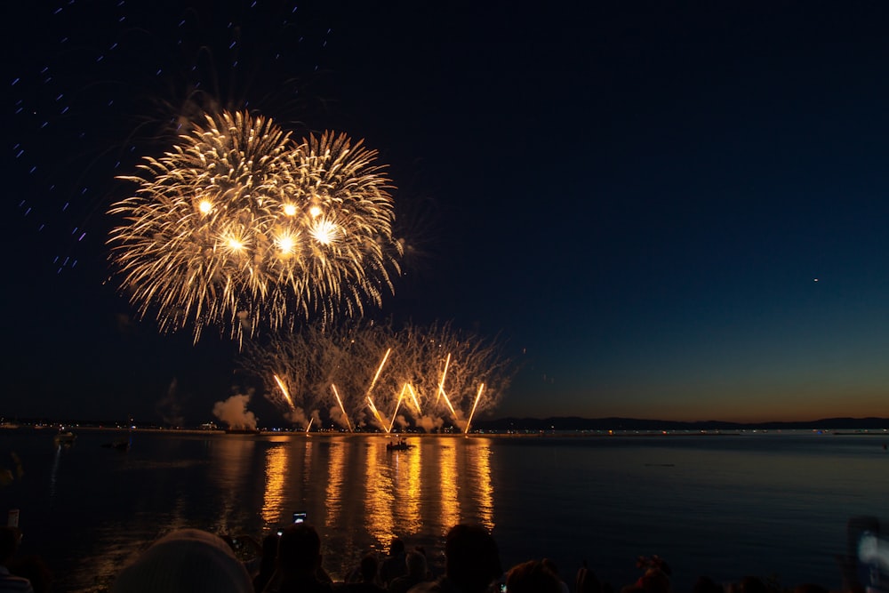 fireworks display over body of water during night time