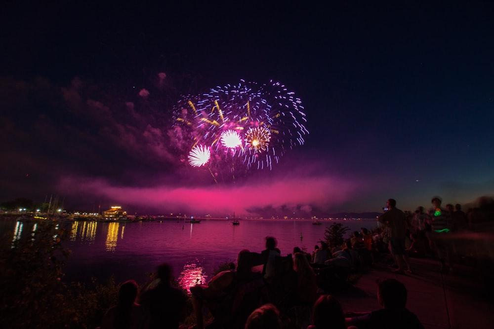 people watching fireworks display during nighttime