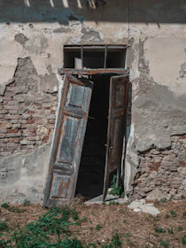 brown wooden door on brown brick wall