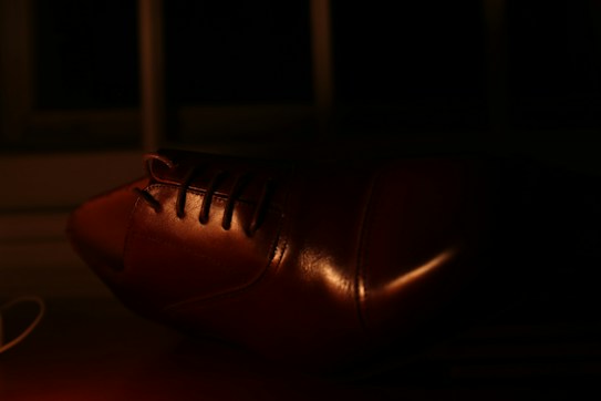 A close-up view of a brown leather shoe, with details of the laces and the polished surface highlighted by the dim lighting. The background is dark, enhancing the sheen on the shoe.
