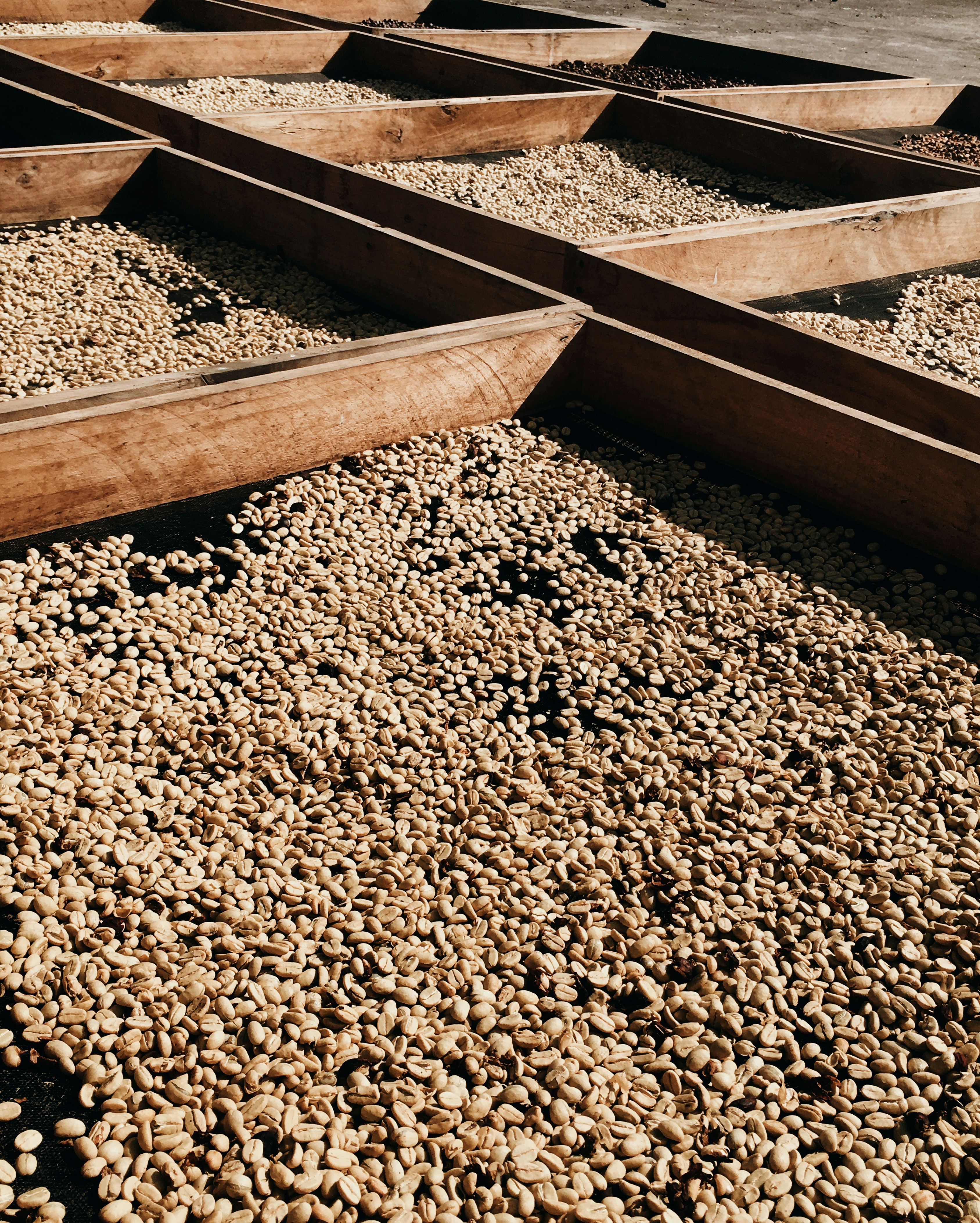 una fila di barche di legno sedute in cima a un mucchio di ghiaia
