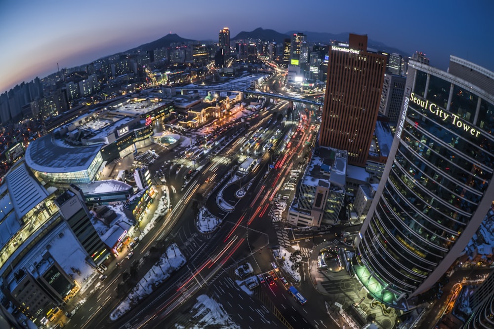 aerial view of city buildings during night time