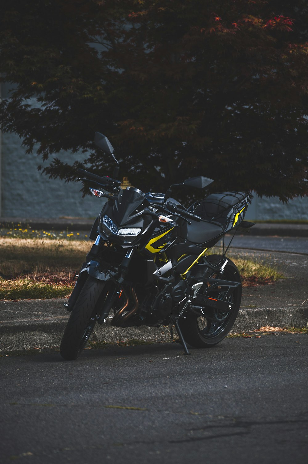 昼間の路上での黒と黄色のオートバイ