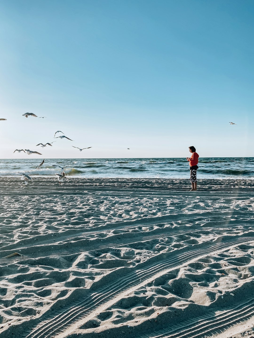 person in red jacket and blue denim jeans walking on white sand beach during daytime