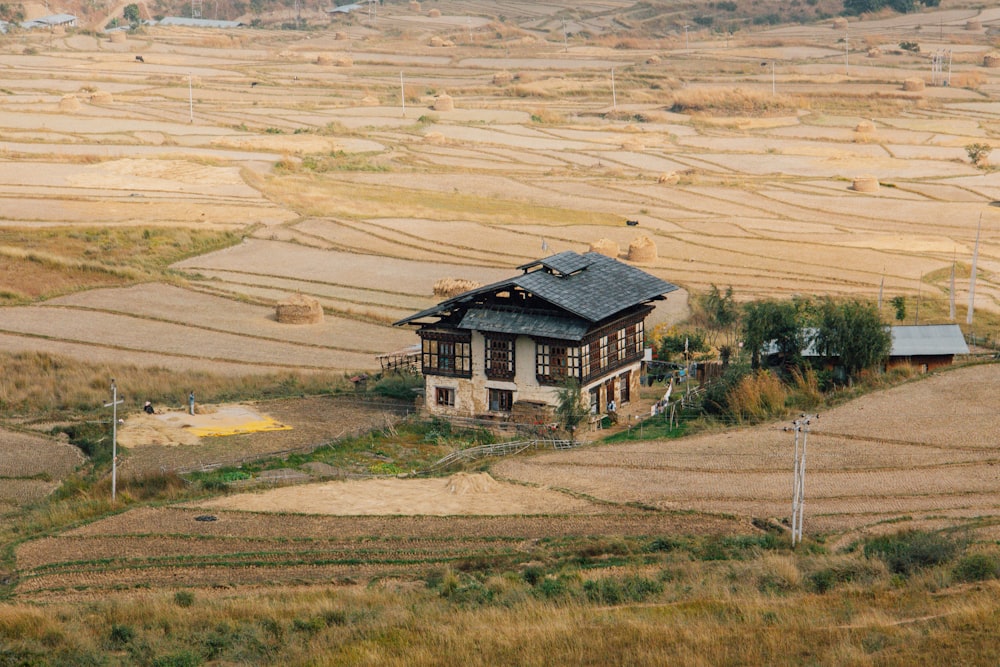 black and white house on brown field during daytime