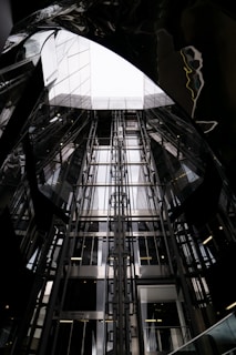 black and white glass walled building
