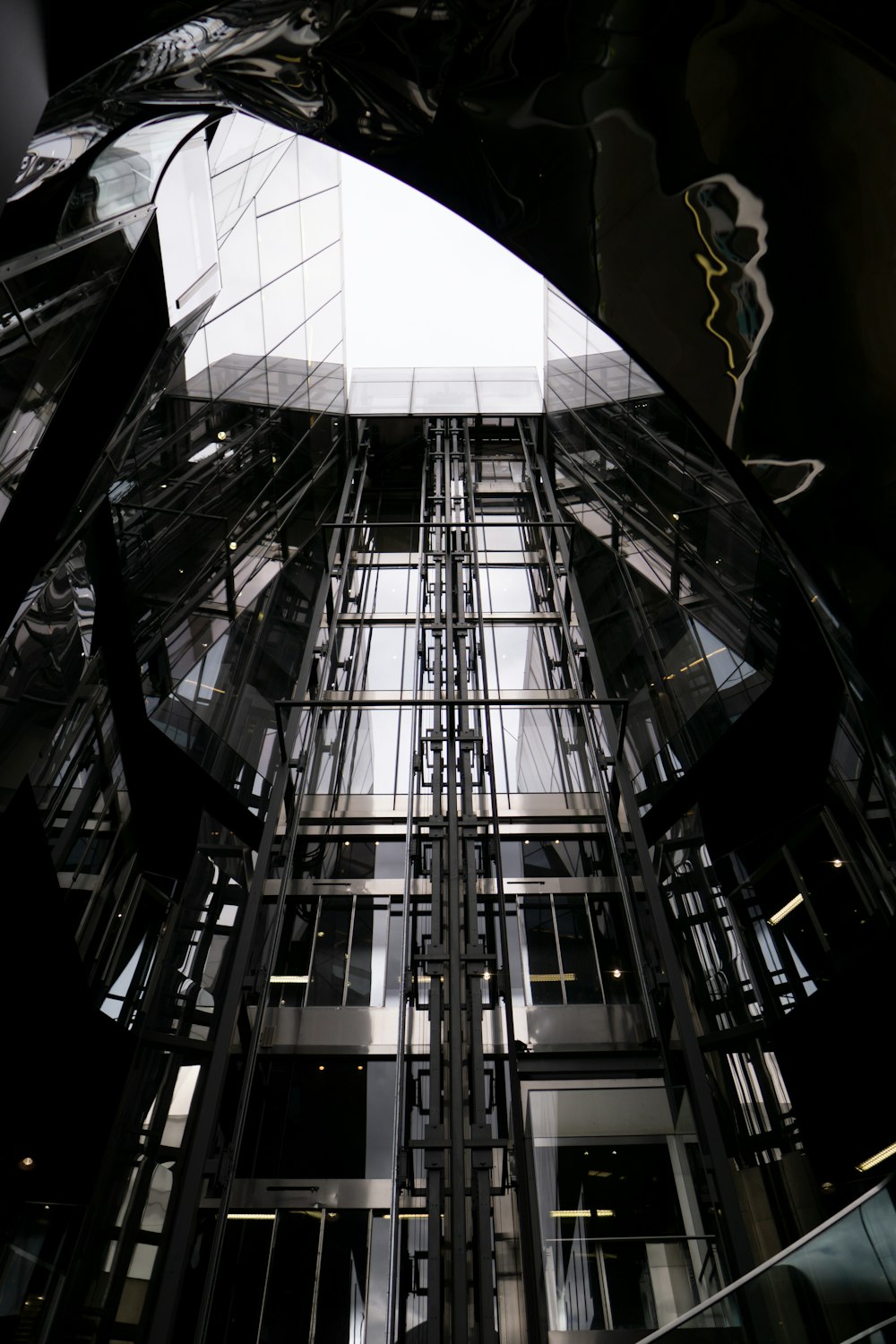 black and white glass walled building