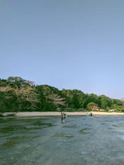A vibrant tour group exploring a scenic beach in Lombok with clear blue skies.