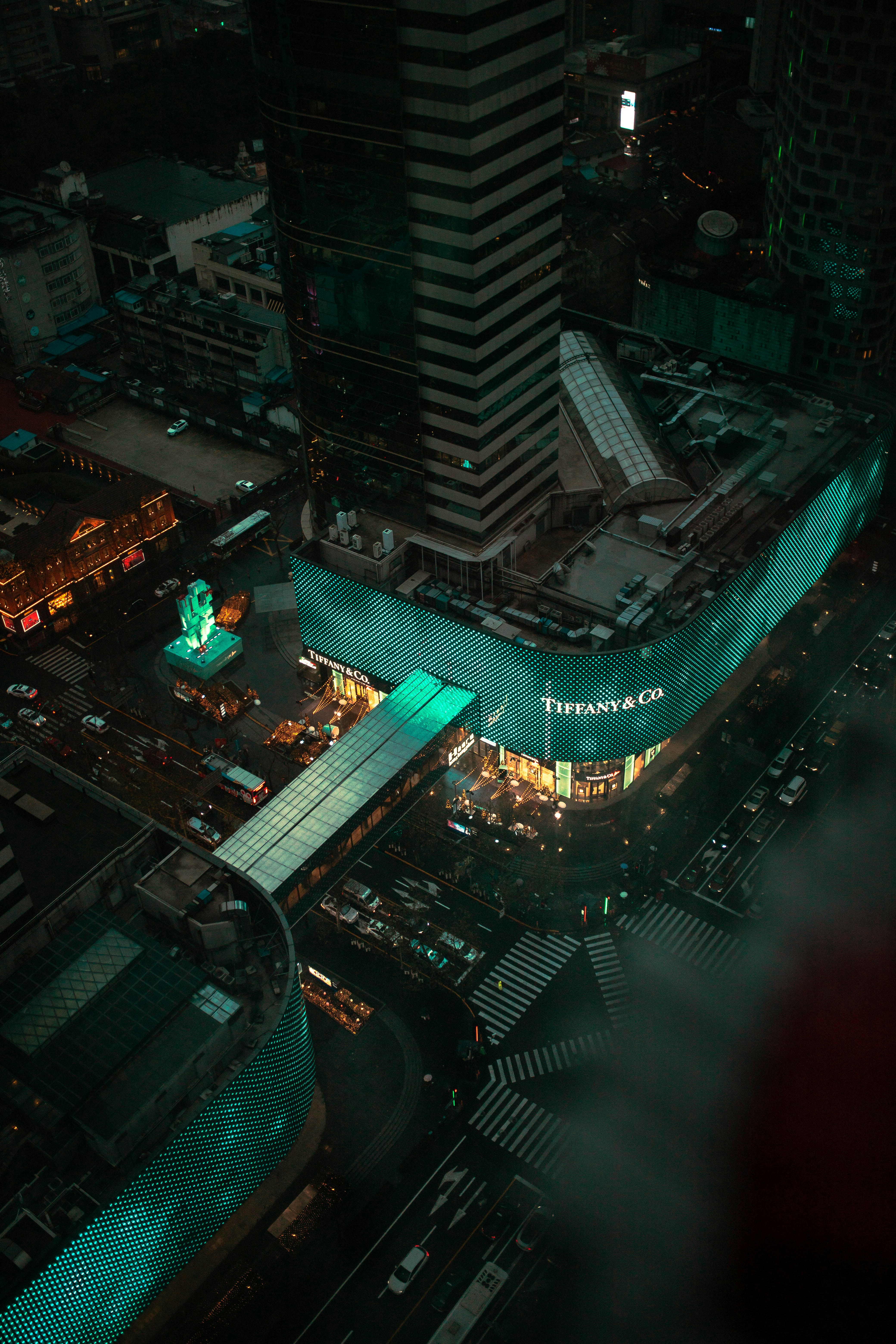 aerial view of city buildings during night time