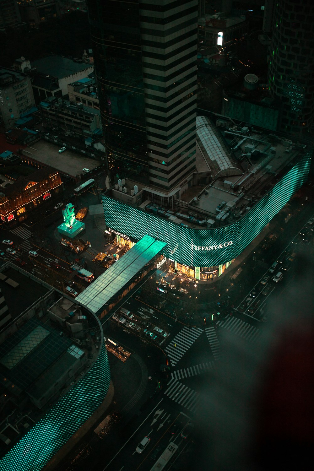 aerial view of city buildings during night time