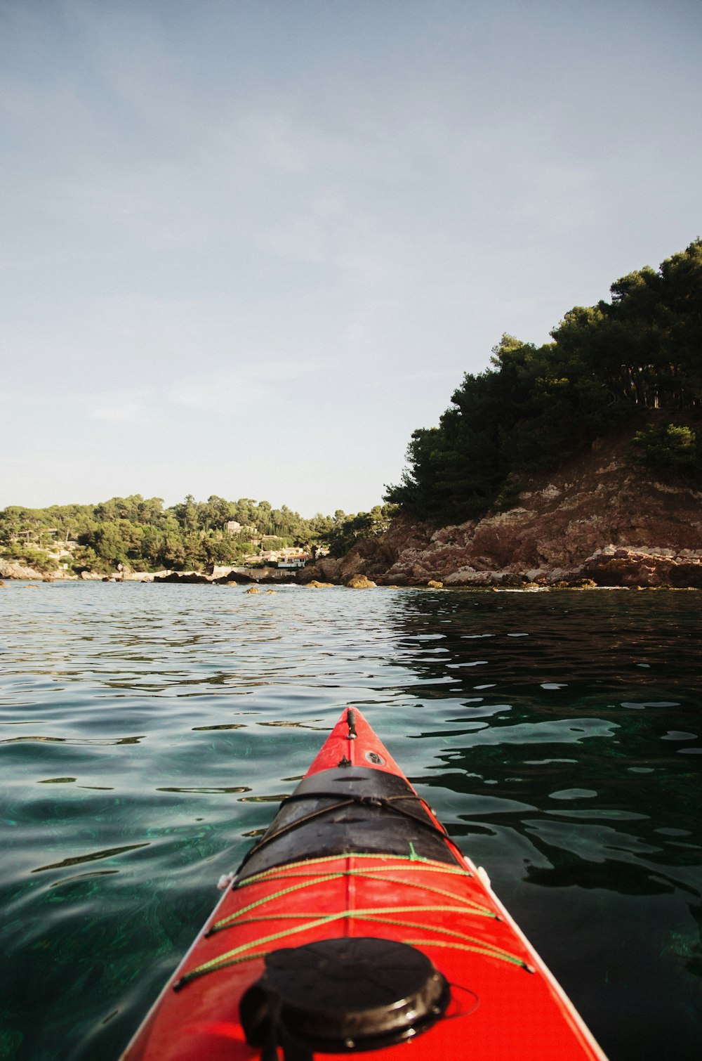 Kayak rojo en el cuerpo de agua cerca de árboles verdes durante el día