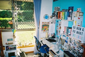 Colorful cubby toy storage neatly organized in a cozy corner of a modern home office.