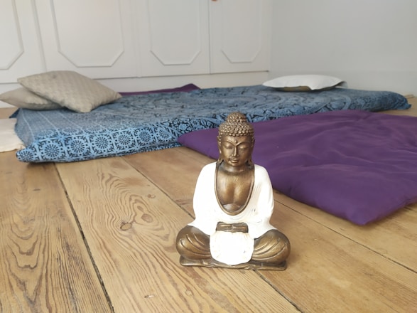 A serene meditation space with calming colors and soft lighting.
