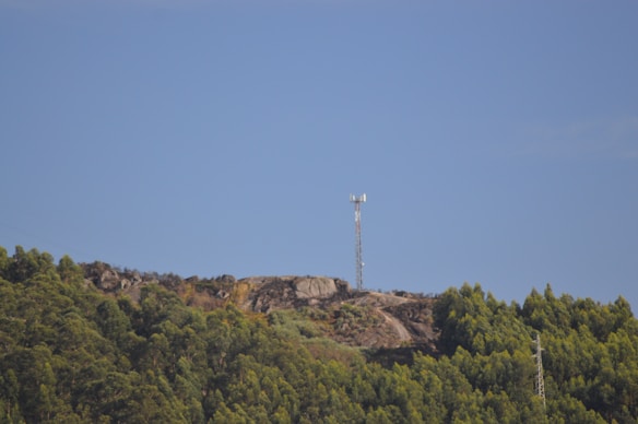 A telecommunications tower stands atop a hill surrounded by a dense forest of green trees and under a clear blue sky. The terrain is rocky with patches of greenery interspersed among the rocks.