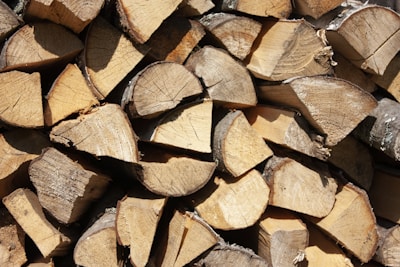 A pile of neatly stacked firewood with visible cut surfaces displaying rings and a variety of brown and beige tones. The logs are arranged in a compact manner, with rough, textured surfaces and some dusting of bark still attached.