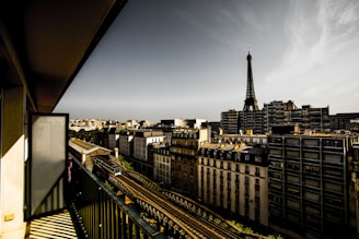 Chic apartment balcony overlooking Paris skyline at sunset