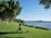 A person is practicing yoga on a mat in a grassy park next to a body of water. The sky is clear and blue, and there are large trees providing shade nearby. A laptop is placed on the grass next to the mat. The scene is peaceful and serene with no visible disturbances.