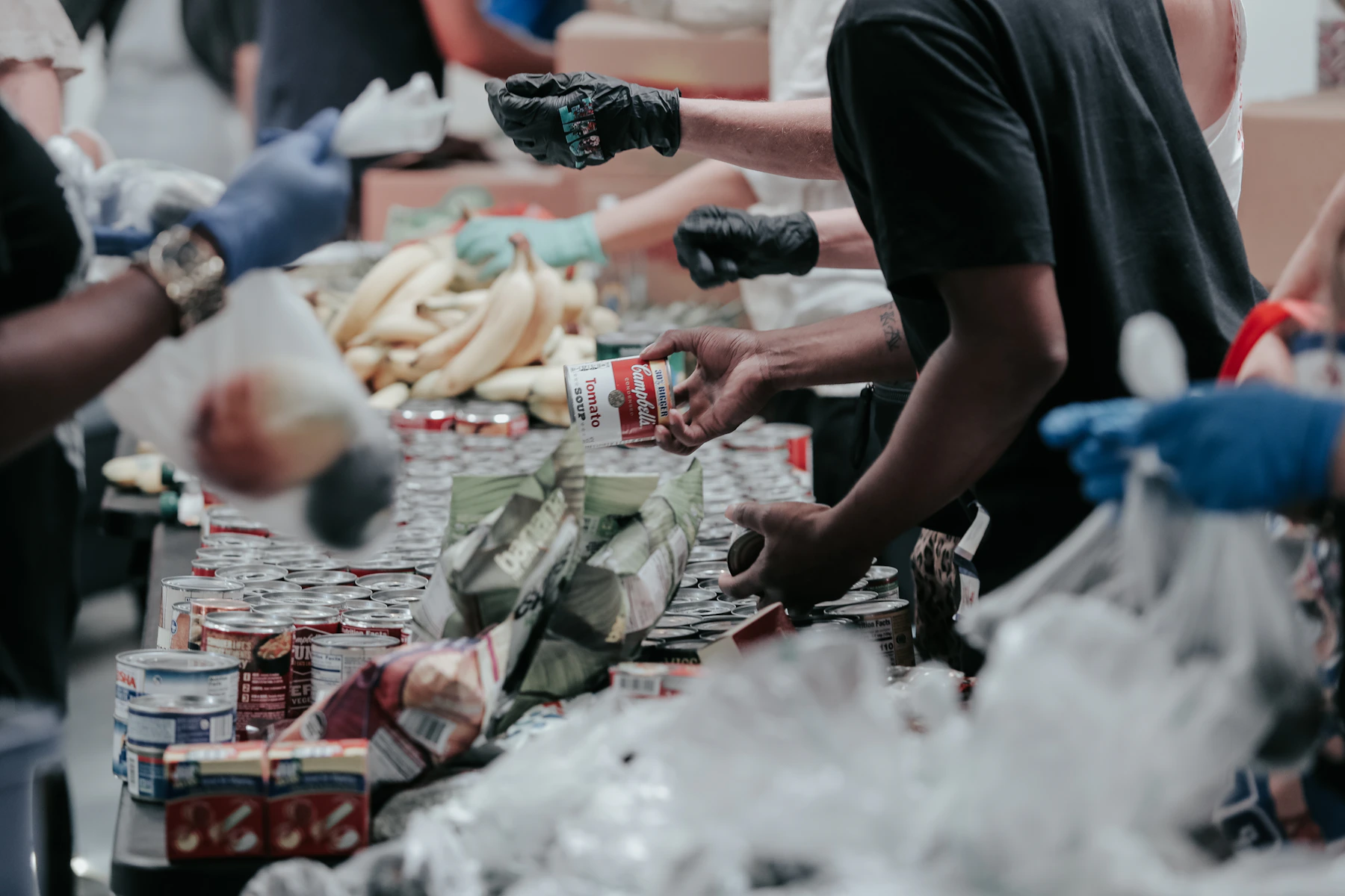 Volunteers sorting food donations for community distribution