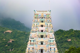 A richly decorated, colorful temple gopuram rises against a backdrop of lush green hills and a misty sky. Intricately carved sculptures and bright colors adorn the tower's multiple tiers.