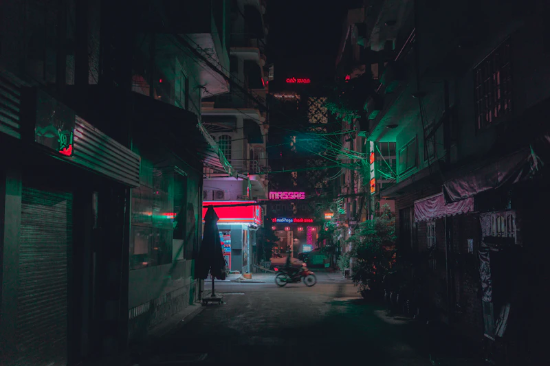 Anime-styled neon city street at night