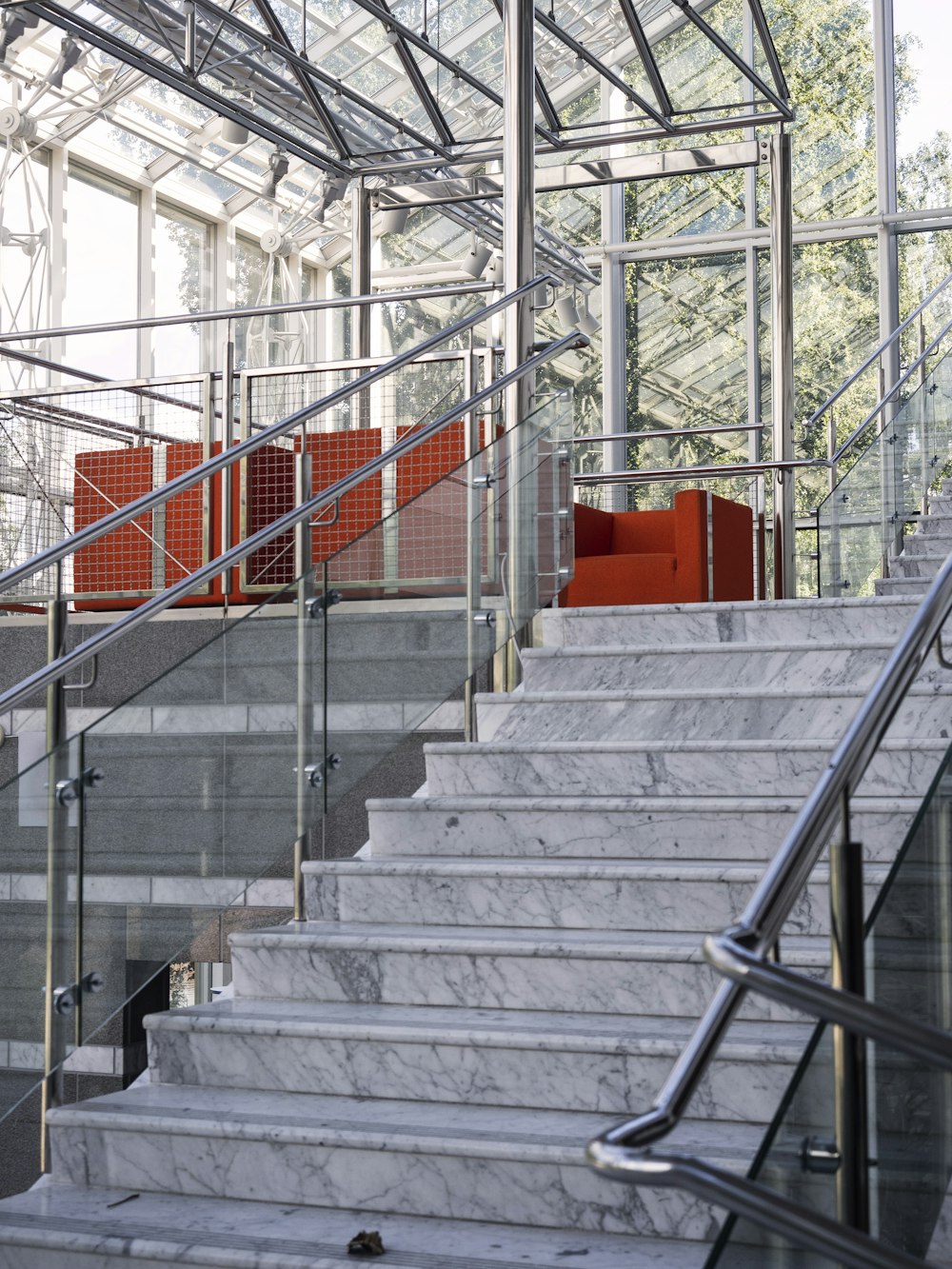 red and gray concrete staircase