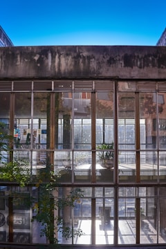 A modern building with large glass windows and greenery.