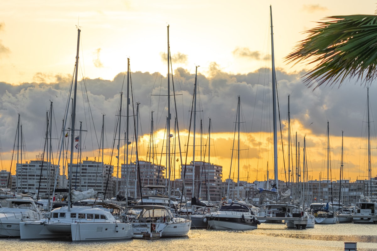 Marina con veleros al atardecer en uno de los mejores puertos de empleo náutico en España
